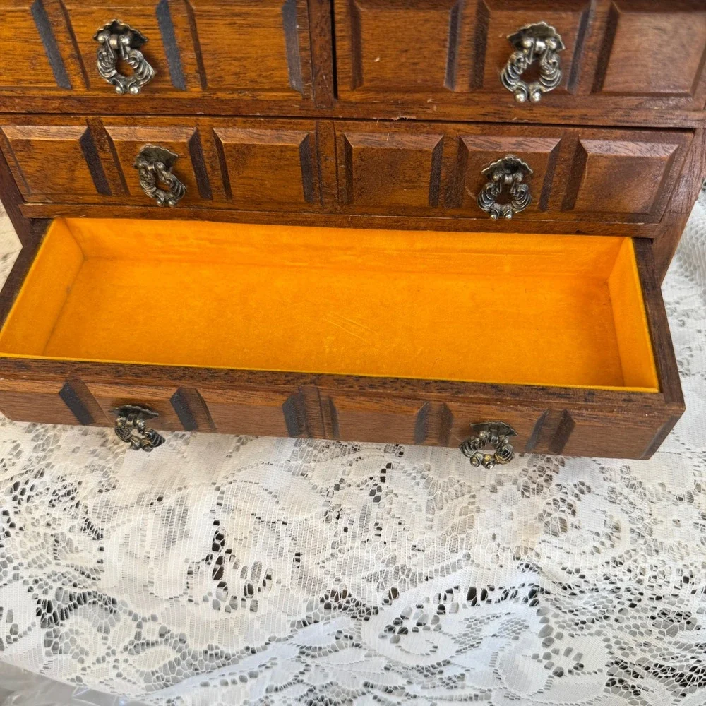 Vintage Wood Jewelry Music Box Miniature Dresser 4 Drawer Orange Lining Brown